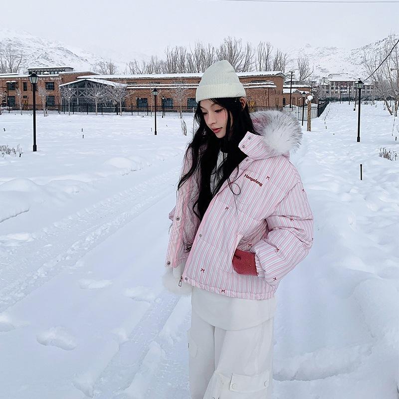 

Striped Printed Thickened Down Cotton Coat for Women New Korean Style Sweet Furry Lapel Cotton Coat S
