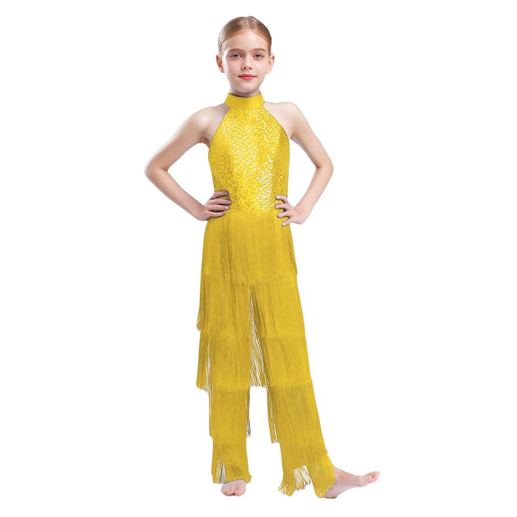 Mädchen Halter Ärmellos Rückenfrei Pailletten Stufig Quaste Tanz Jumpsuit Cha cha Latein Kostüm
