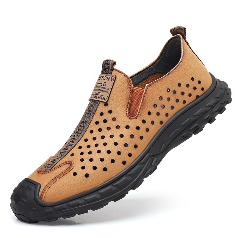 

2024 летние нескользящие сандалии из кожи с мягкой подошвой, мужские ажурные дышащие повседневные кожаные туфли, модная обувь для отдыха на открытом воздухе с одной педалью 38 светло-коричневого