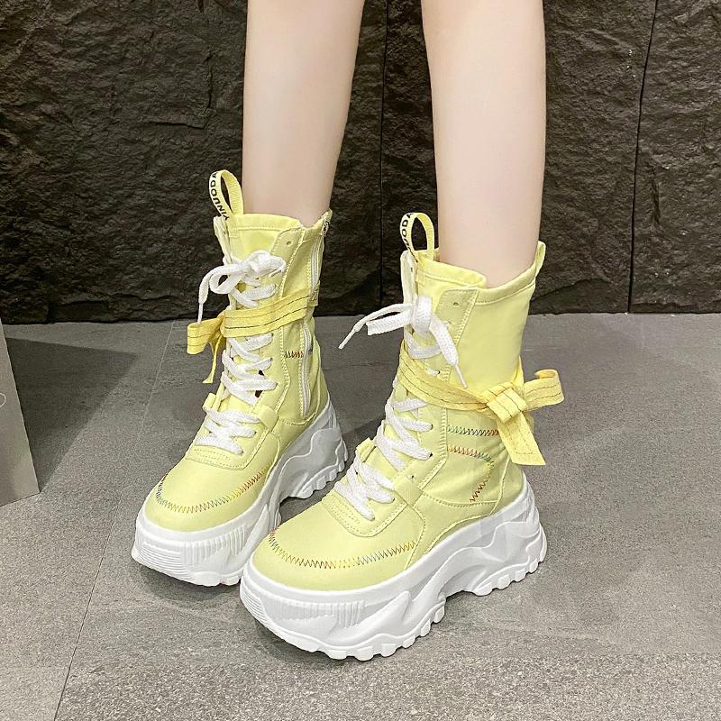 8CM Women Chunky Mid-Calf Boots New 2025 Autumn Winter Buckle Canvas Punk Shoes High Platform Motorcycle Boots Leather Sneakers