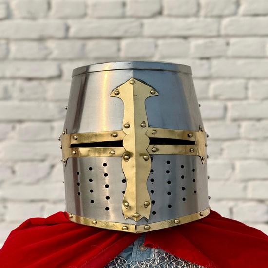 

Средневековый шлем крестоносца Стальной латунный рыцарский доспех Рен Фэйр Косплей ЛАРП Реконструкция Снаряжение Коллекционный шлем викинга