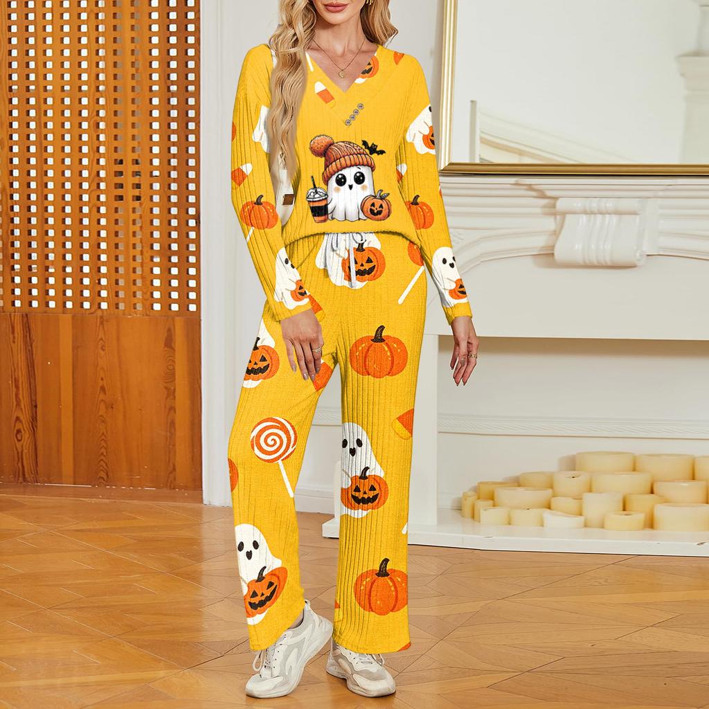 Women's Halloween Print V-Neck Long Sleeve Pajama Set with Pockets Loose Fit Sleepwear Set