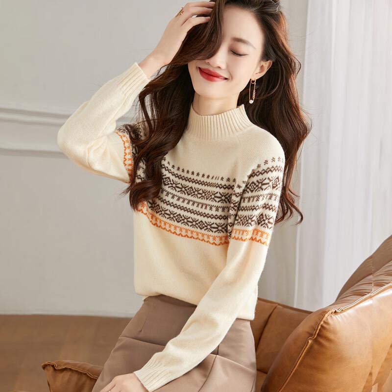 Srcr Women's 100% Merino Wool Jacquard Semi-High Collar Sweater