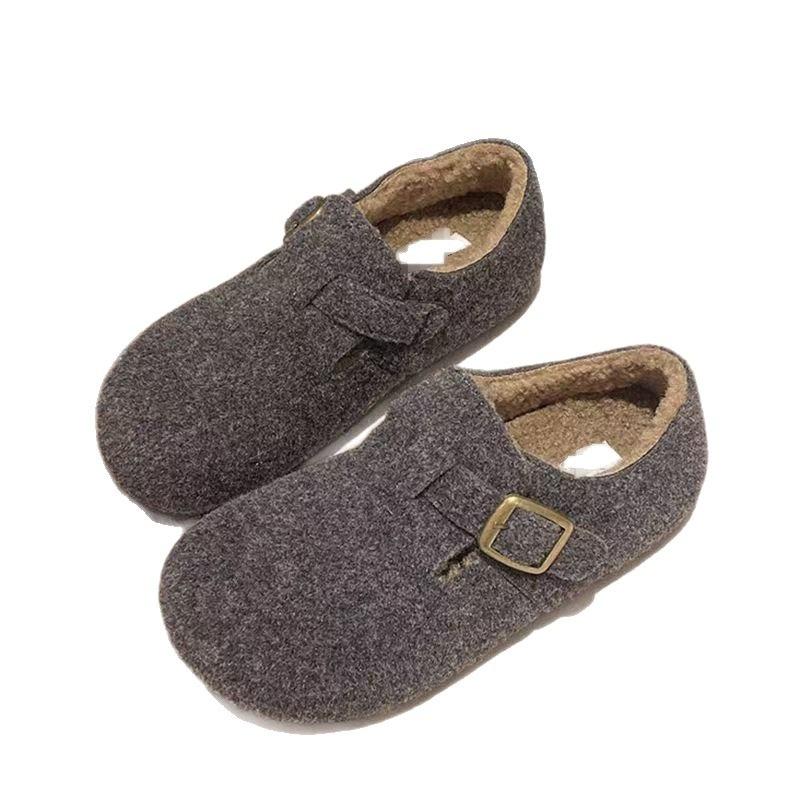 Retro woolen women's new autumn and winter velvet flat-bottomed one-pedal thermal cotton shoes
