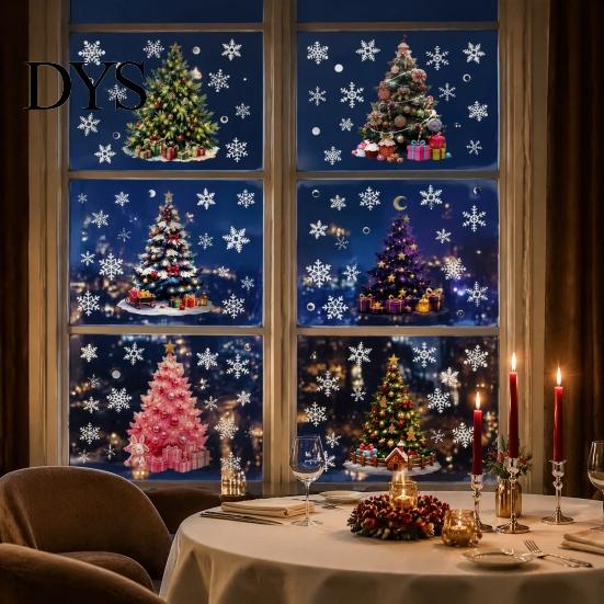 Colorful Snowflake Glass Clings 6Pcs Christmas Tree Static Window Sticker, PVC Cling, Removable Decal Transparent Film for Holiday Home Decoration,