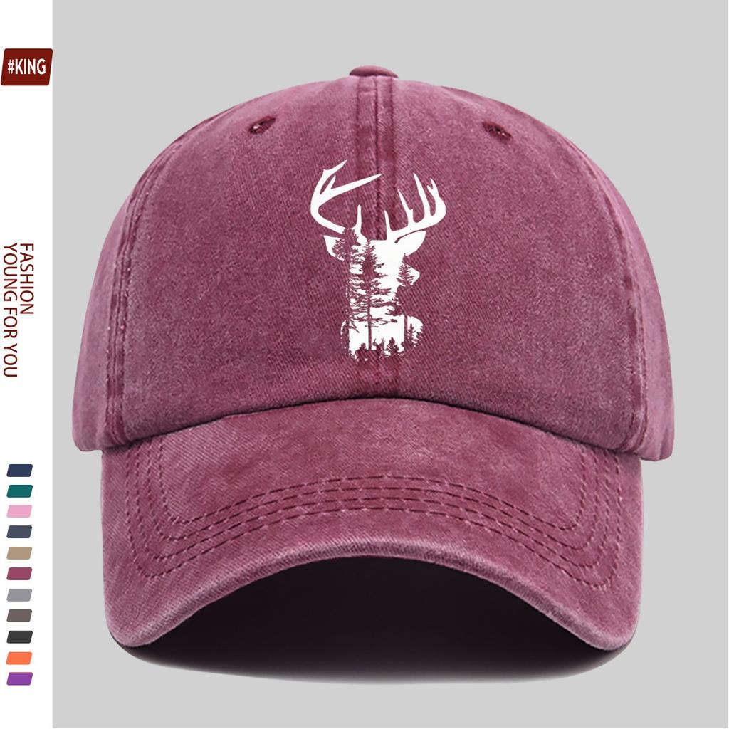 Deer Head Forest Graphic Washed Baseball Cap Vintage Outdoor Adjustable Cotton Trucker Hat