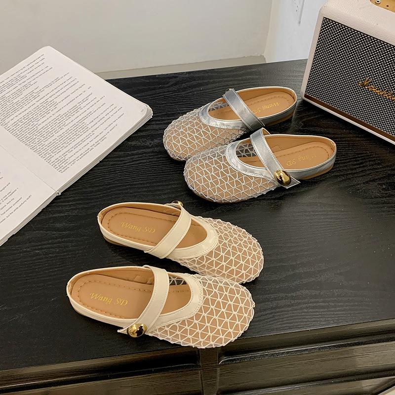 Plokščiapadžiai prancūziški maišelio formos priekio batai, pusiau šlepetės, lauko avalynė moterims, nauji tinkliniai kvėpuojantys ir patogūs minkštapadžiai sandalai 2025 m. vasarą