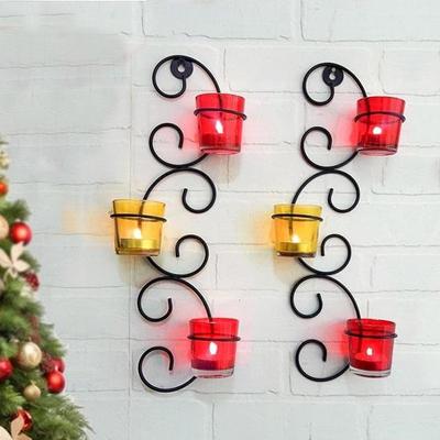 Set of 2 Wall Hanging Tealight Candle Holder Metal Wall Sconce with Glass Cups  for Home Wall Decor Restaurant Gift