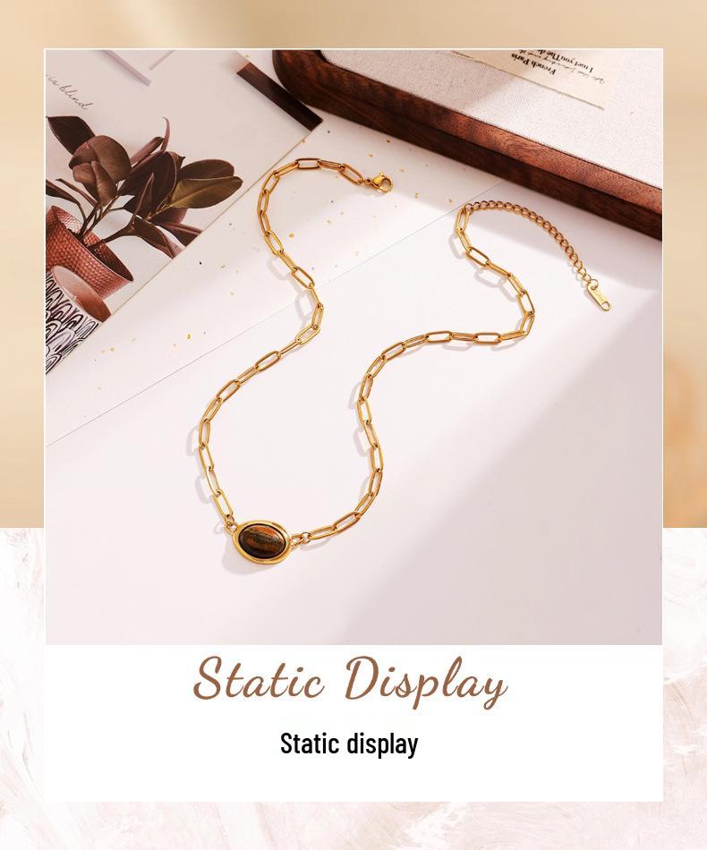 Ying Tai 18K Gold Plated Necklace with Tiger Eye Pendant: Stainless Steel Clavicle Chain, High Polish Finish, Women's High-End Style.