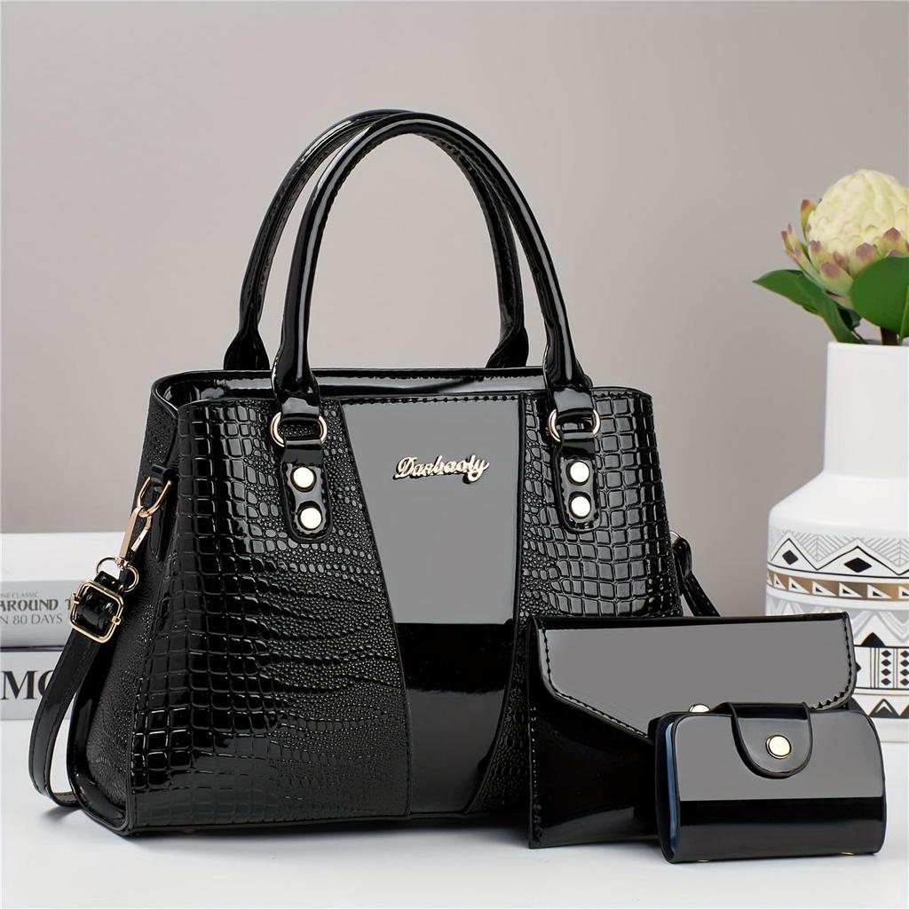 3-teiliges Elegantes PU Handtaschen-Set, Krokodilmuster Große Kapazität Umhängetasche mit Münzfach und Kartenhalter, Geprägte Tragetasche