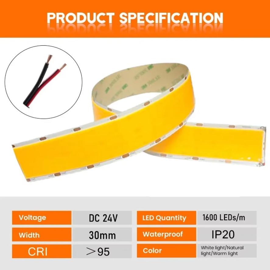 1600LED/m 30mm Wide Super Bright COB LED Strip DC24V LED Ribbon Tape Indoor Lighting TV Backlight Flexible Ribbon Rope LED Strip