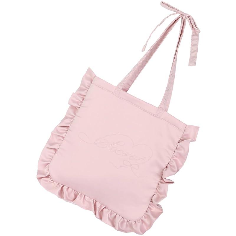 

[SecretDoor] pink tote bag shoulder bag Larger big A4 shoulder bag Shoulder bag Thin thin commute Commuting to school ribbon rhinestone frills satin