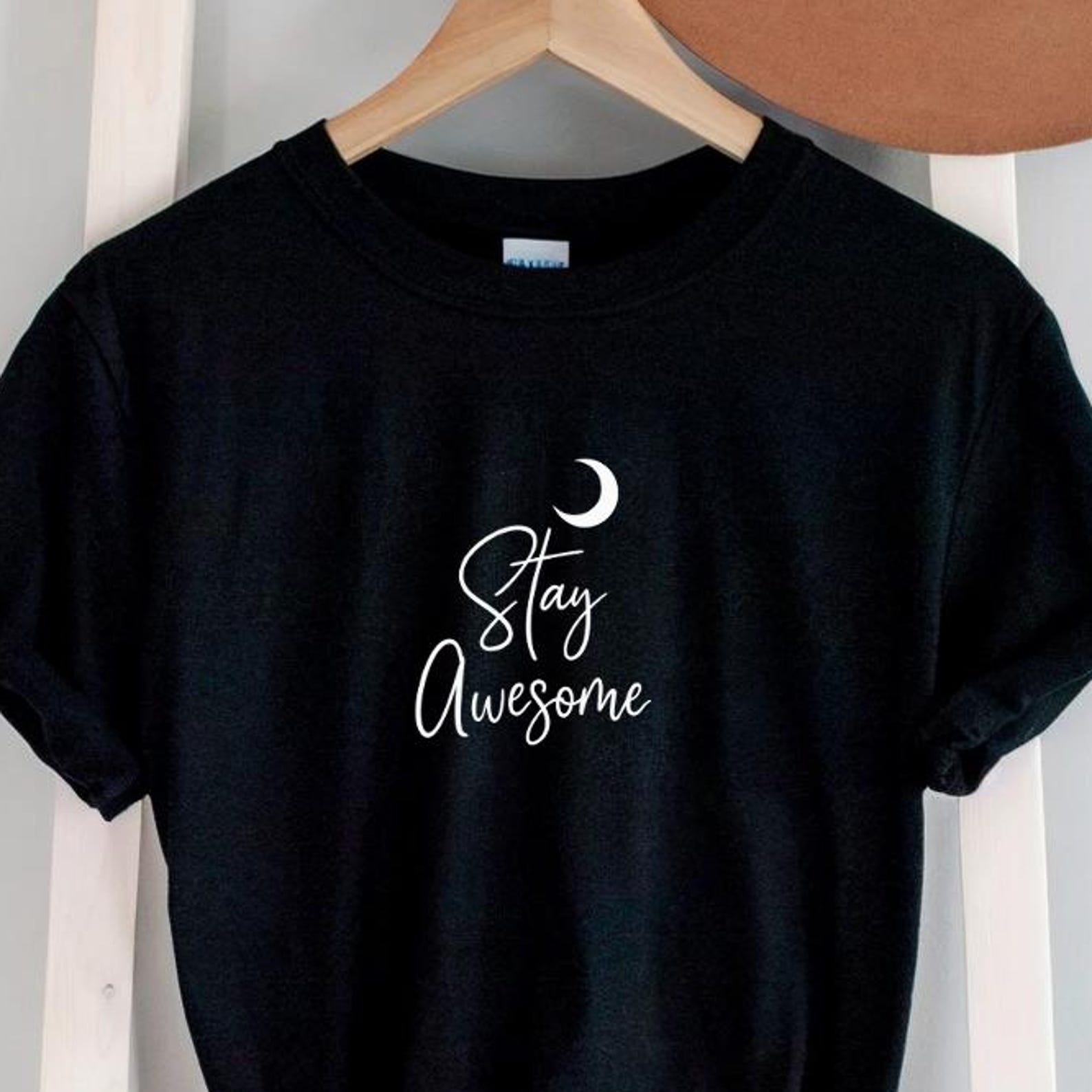 Stay Awesome T-shirt | Minimalist Positive Quote, Crescent Moon 2XL
