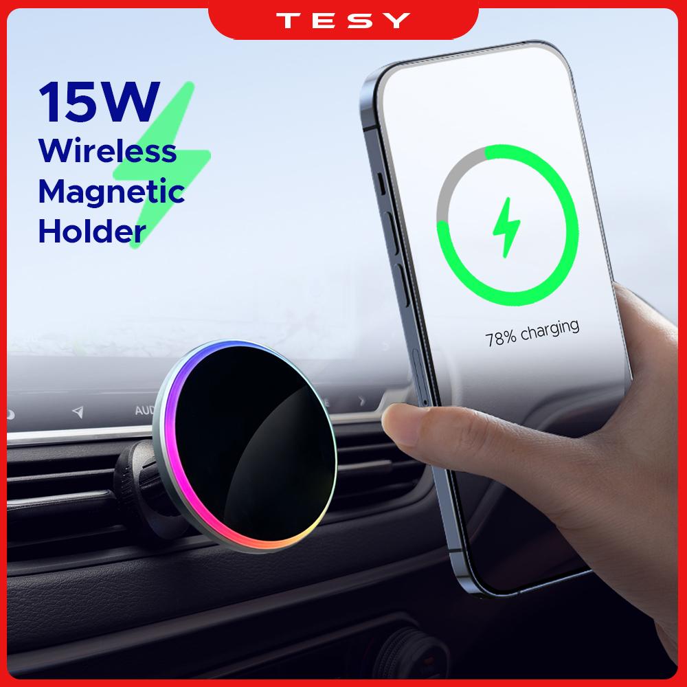 Magnetic Car Phone Holder 15W Wireless Charger Stand Compatible with MagSafe For iPhone 17 16 Pro Max Car Mount Charger Neon LED