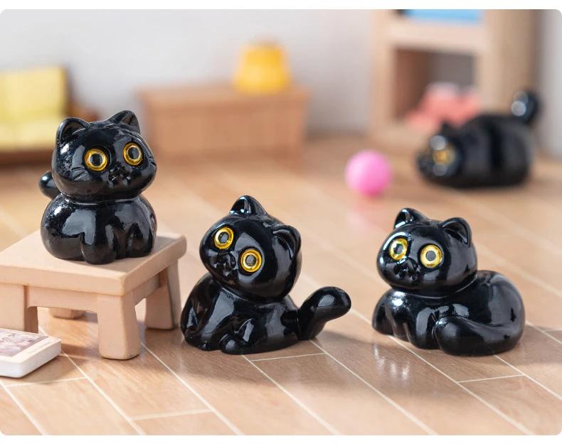 5 Stück Schwarze Katze Ornament Mini-Figuren Miniatur Harz Niedliches Kätzchen Mikro-Landschaft Handwerk Kleine Ornamente Desktop-Dekoration