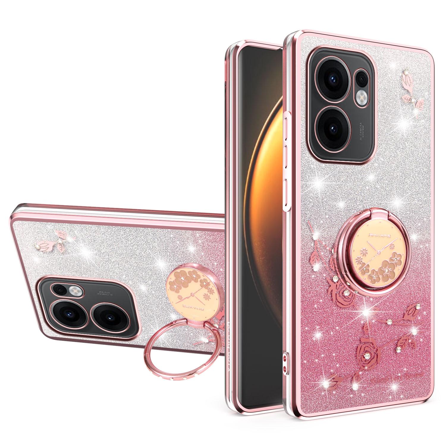 

KADEM For Oppo Reno13 F 5G Case Ring Kickstand TPU Flowers Phone Cover Gradient Glitter Pink