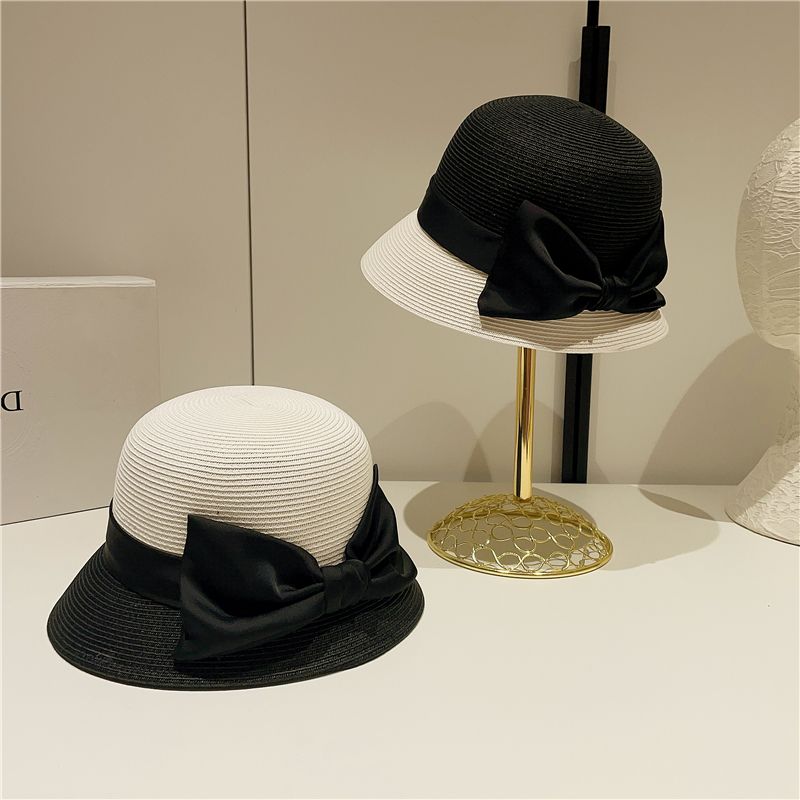 Ladies French Elegant Satin Big Bow Color Matching Straw Hat Retro Top Hat Bucket Hat Sunshade Sun Protection Beach Hat
