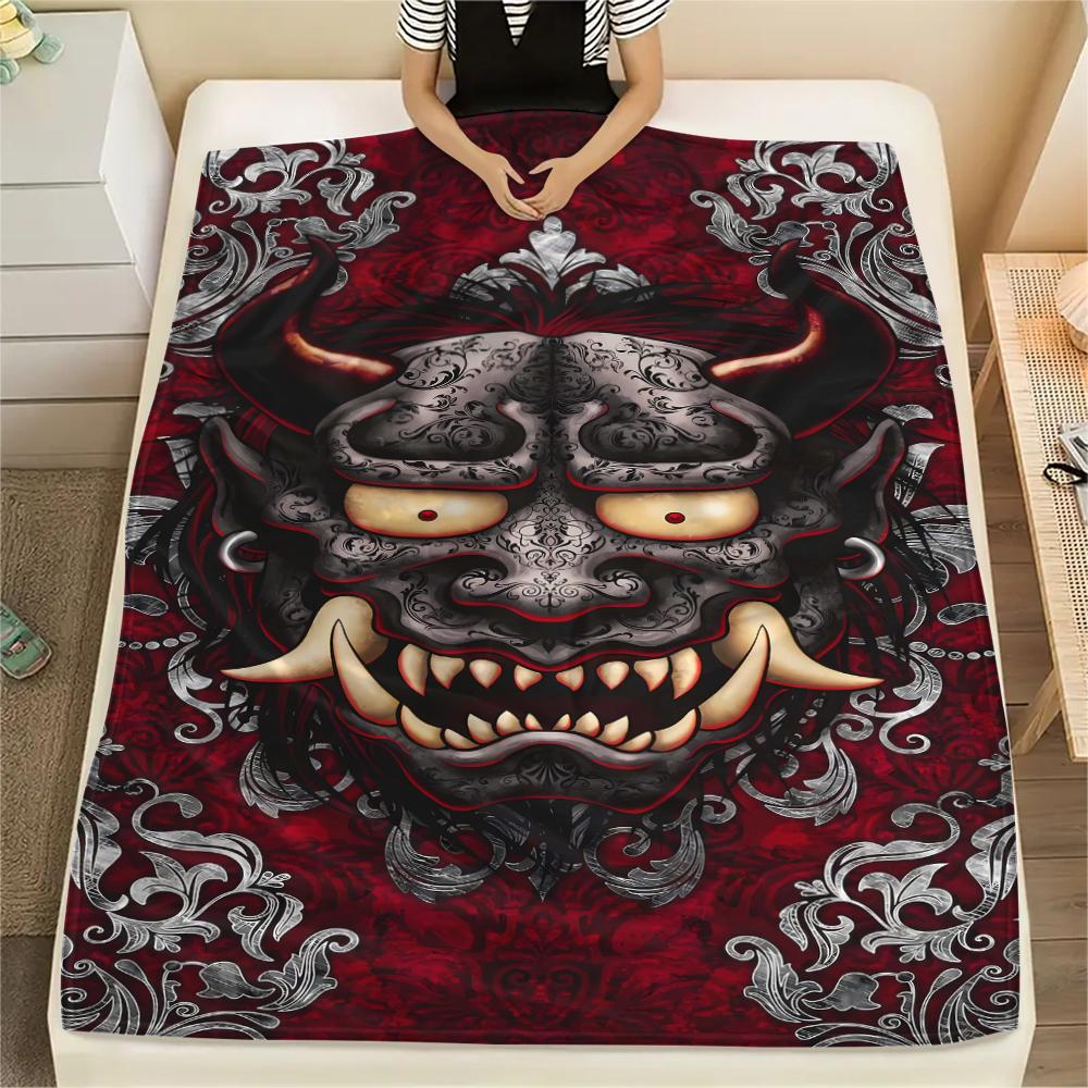 1Pc Hannya Samurai Print Flannel Blanket, High quality Comfortable for All Seasons, Home Decor, Warmth and Comfort, Perfect for Christmas Gifts