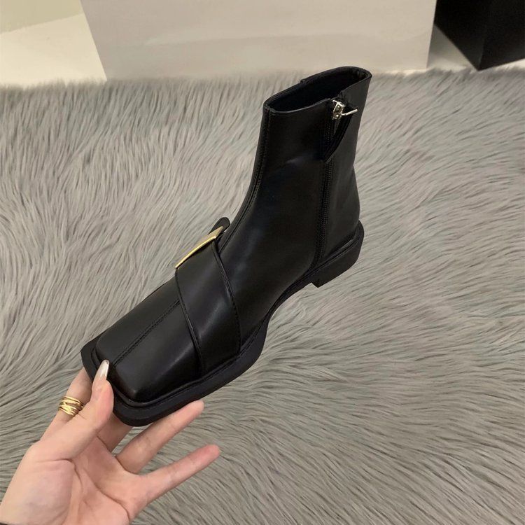 Thick heel thin boots metal buckle short boots 2025 autumn new French square head side zipper thin boots Martin boots women