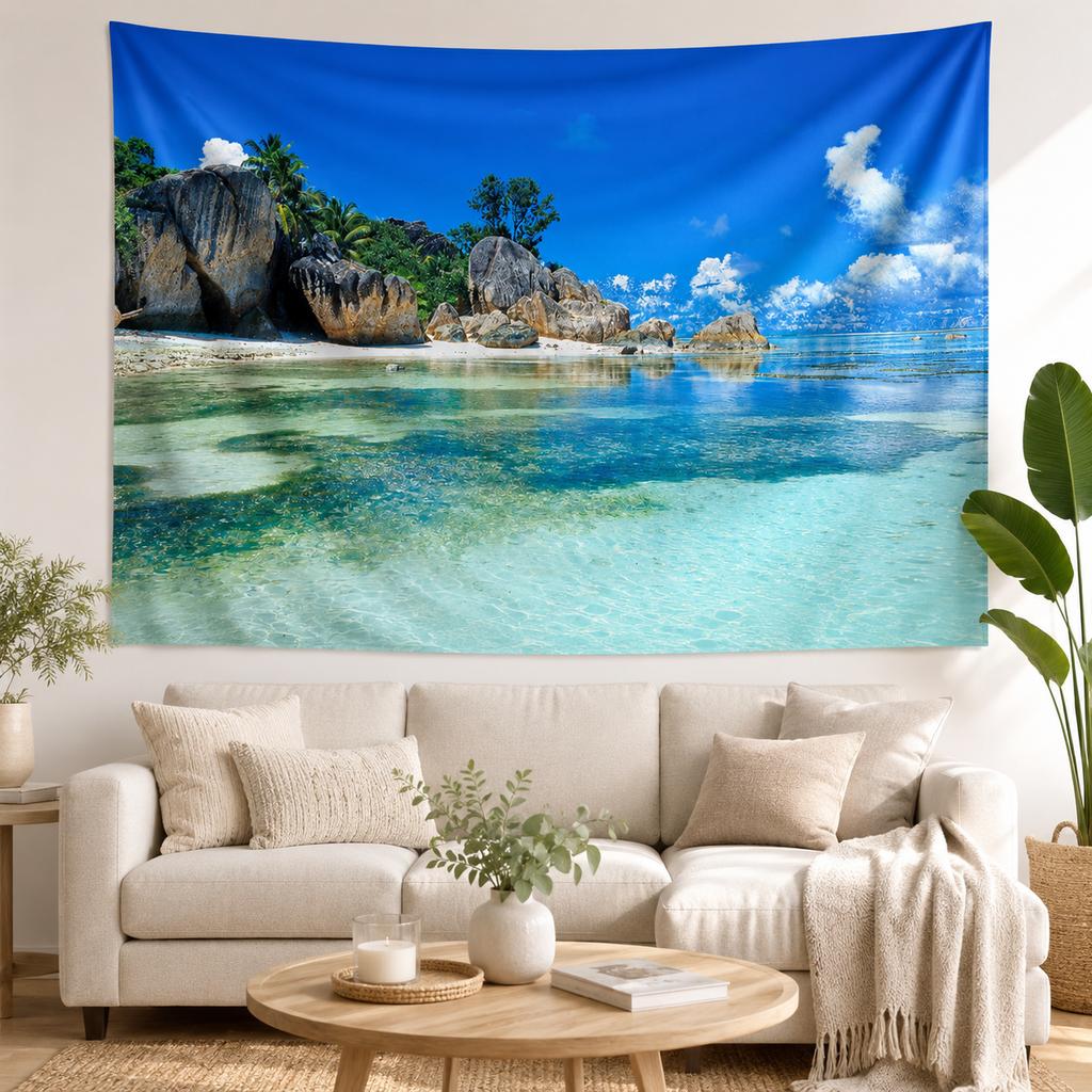 Seaside Beach Ocean Tapestry Tropical Coast Rock Scenery Wall Art, Nature Landscape Photography Background
