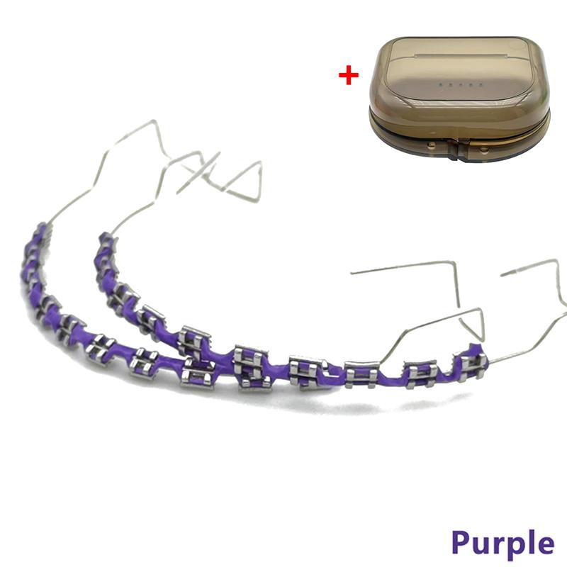 

1 пара брекетов с коробкой для брекетов, красочное украшение для зубов с металлическими дугами, металлические брекеты, ортодонтические лигатурные резинки фиолетовый