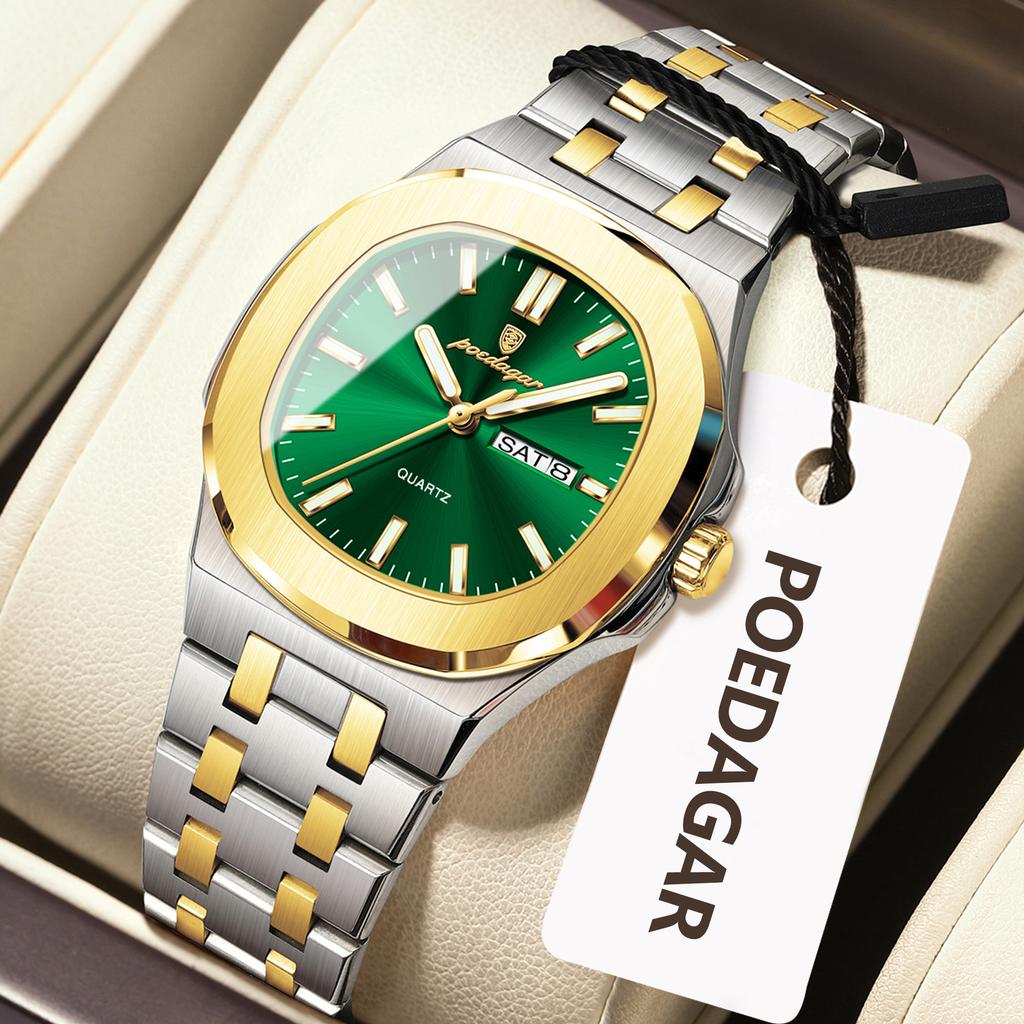 POEDAGAR Square Woman Watch Date Week Waterproof Luminous Ladies Watch Stainless Steel Quartz Fashion Watches Gift