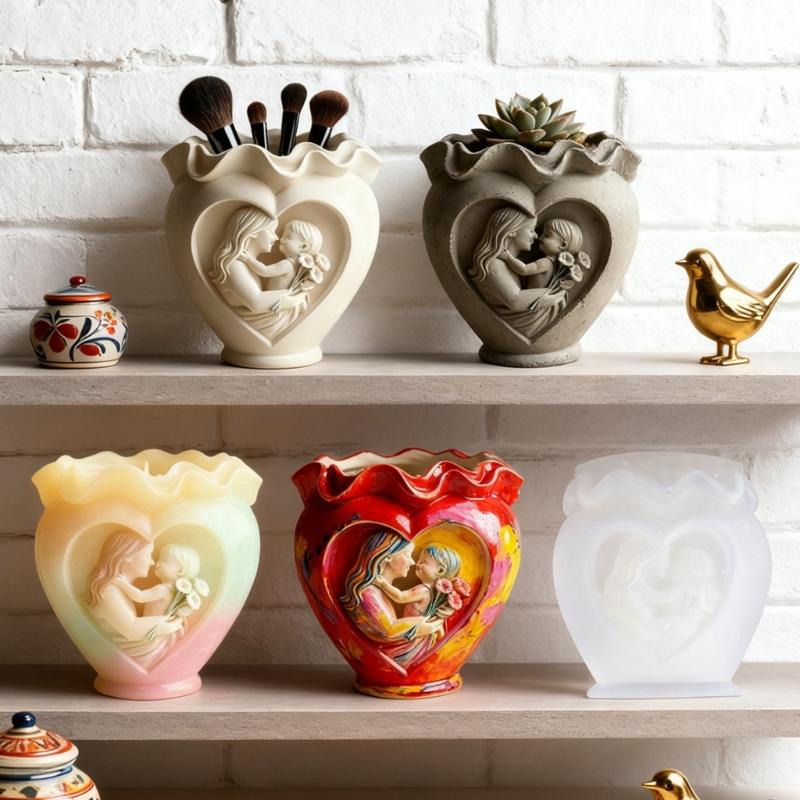 Heart Shaped Mother Daughter Silicone Planter Mould Crafting Tool For Casting Concrete Art And Home Decoration