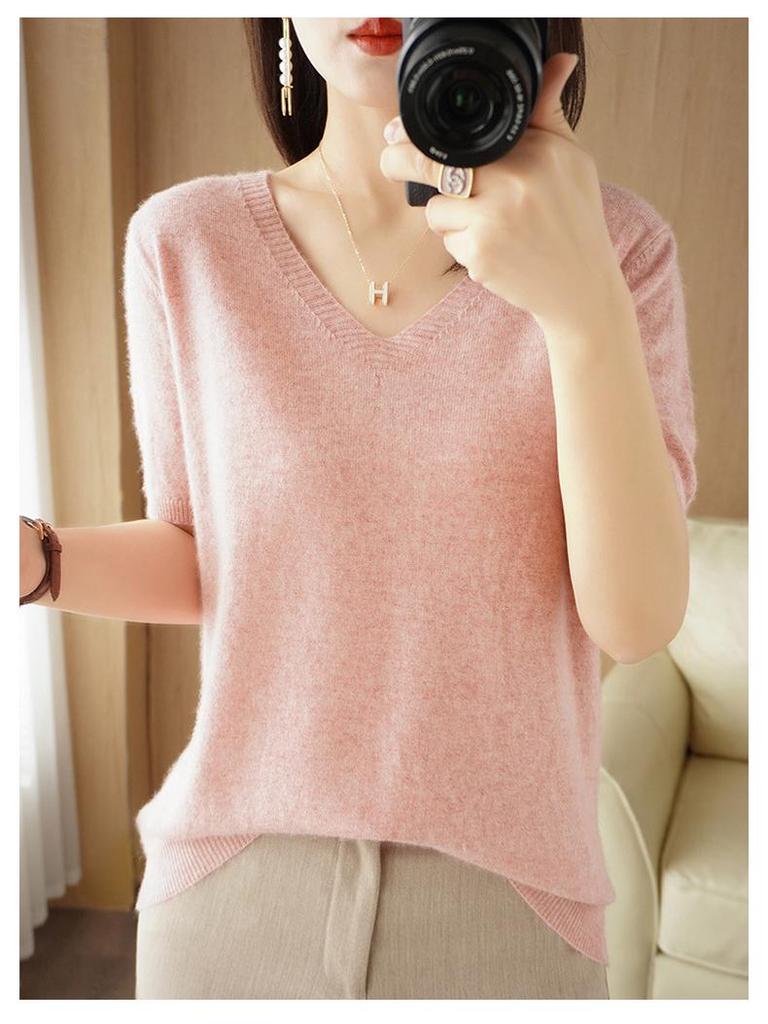 Women's V-Neck Knitted Short-Sleeve Pullover Sweater - Stylish Loose Fit Top