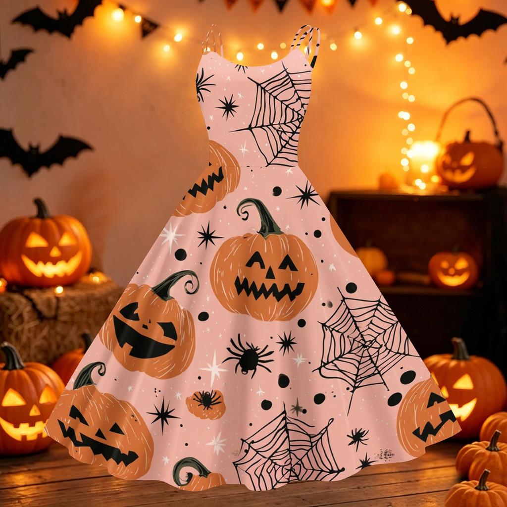 Women Halloween Print Off Shoulder Dress Punk Vintage Style Sleeveless Spaghetti Strap Midi Dress with Flared Skirt for Party