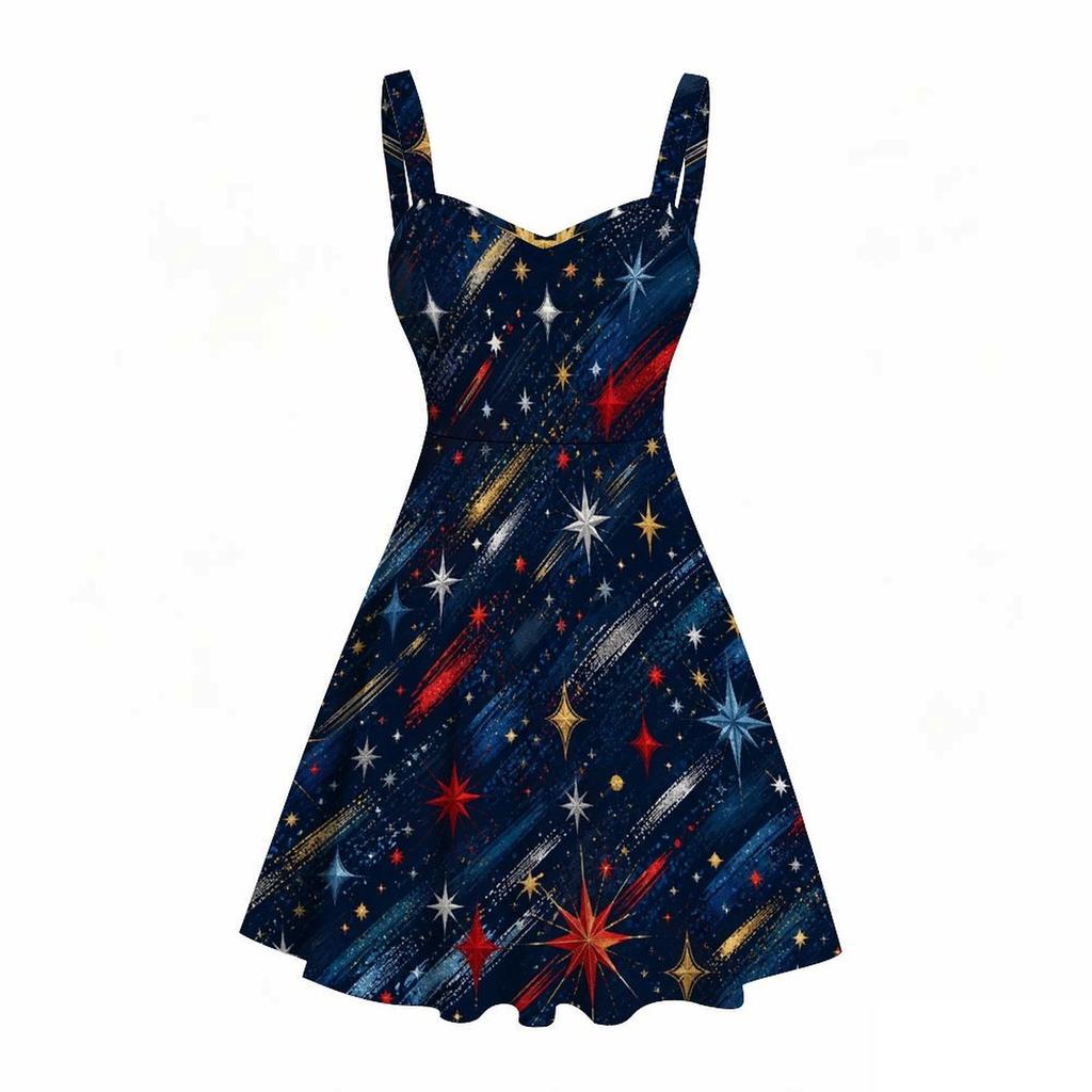 Women Plus Size Spaghetti Strap Off Shoulder Dress Glitter Wave Star Firework Holiday Print Swing Dress
