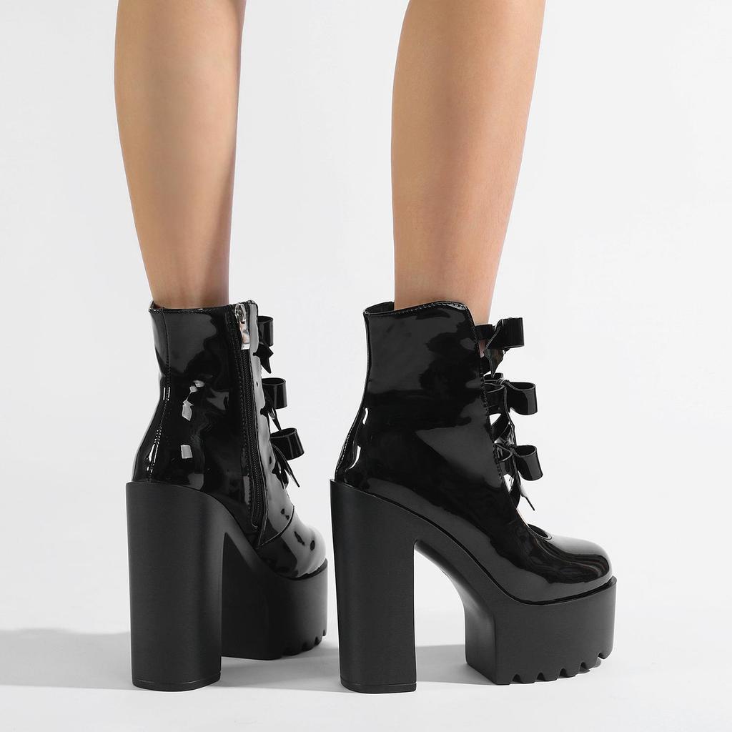 Gdgydh Sweet Mary Jane High Heels Bow Detail Chunky Platform Ultra High Heels Side Zipper Platform Shoes for Women Footwear