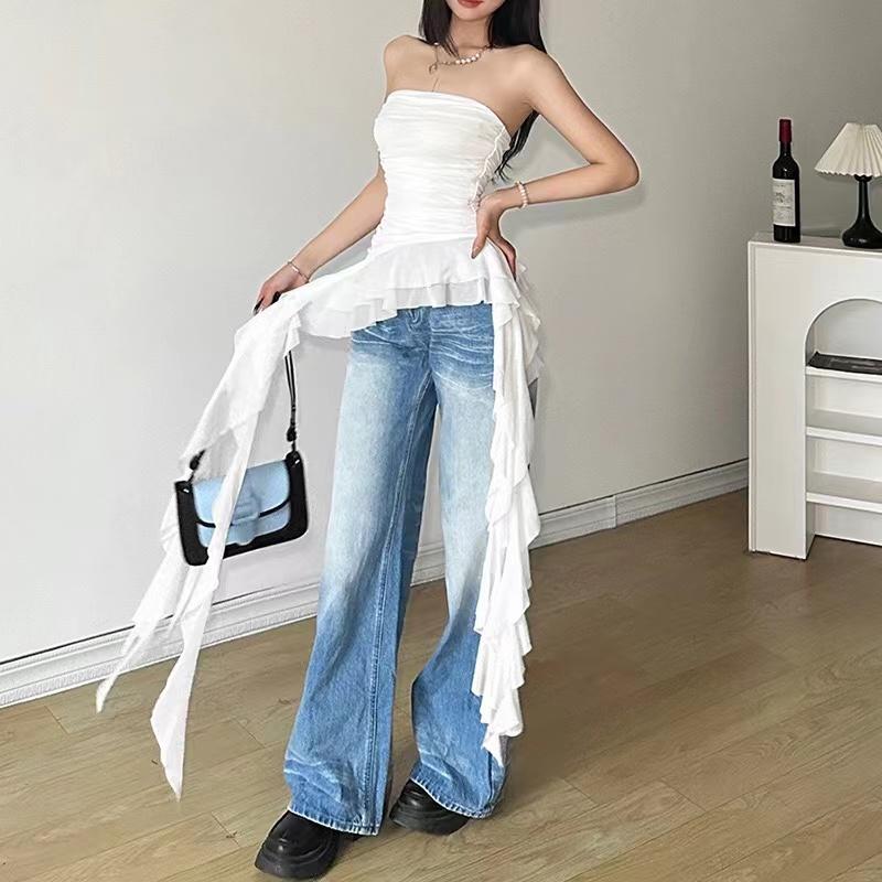 Spring New Solid Color Sweet Gentle Cute All-match High Street Travel Sexy Cool Women Chest Wrap Ruched Tassel Vest