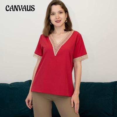 Summer Women's T-shirt V-neck Lace Loose Tops Temperament Commuter Short-sleeved Shirt