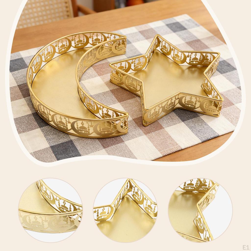 Eid Mubarak Tray Moon Star Shaped Iron Art Organizer Serving Platter Electroplated for Dining