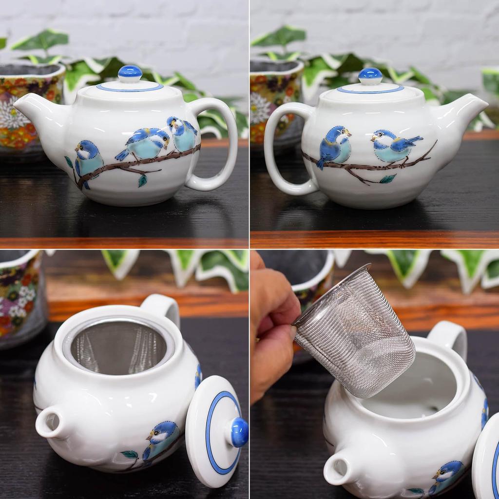 Waza no Kura Stylish Kutani Ware Teapot with Sparrow Design and Tea Strainer - High-Quality Ceramic Japanese Tableware - Made in Japan