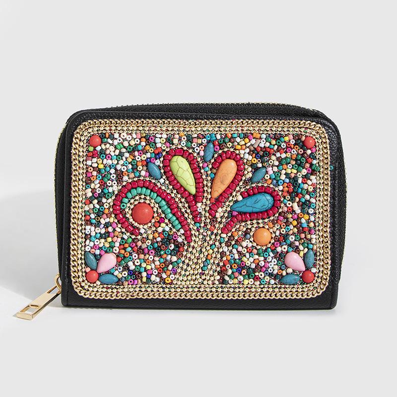 Bohemian Style PU Zipper Card Holder & Coin Purse with Butterfly and Flower Design