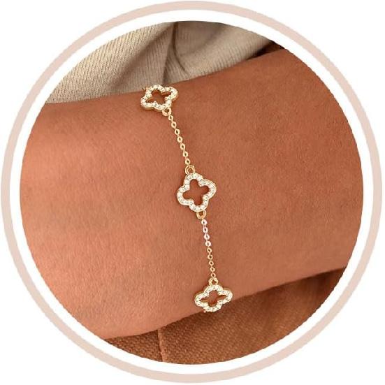 Delicati Braccialetti Argento Oro per Donne alla Moda Non Macchiabili Placcati Oro 14K Carino Braccialetto Quadrifoglio Impilabile Margherita Zirconia Cubica Diamante Braccialetto Charm