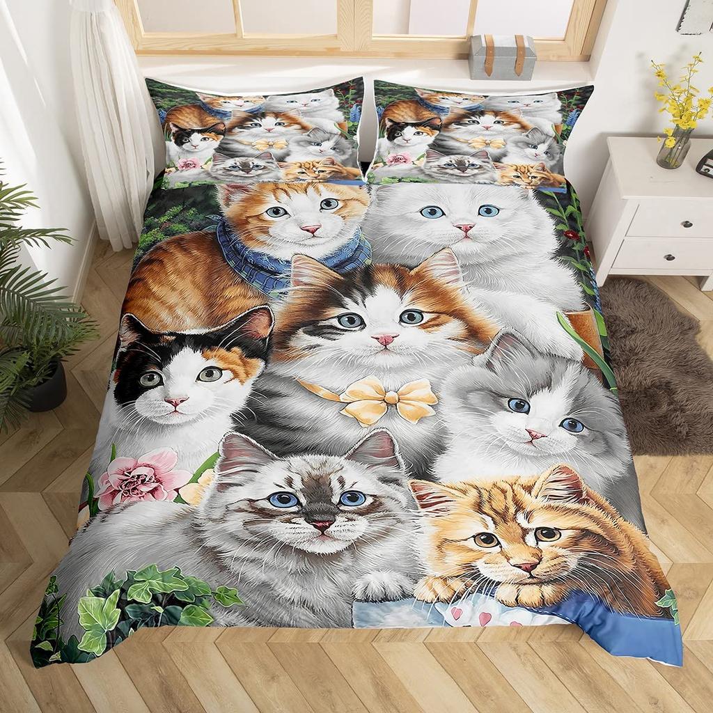 Cute Cat King Queen Duvet Cover Kitten Bedding Set Purple Floral Butterflies Polyester Quilt Cover Pet Animal Comforter Cover