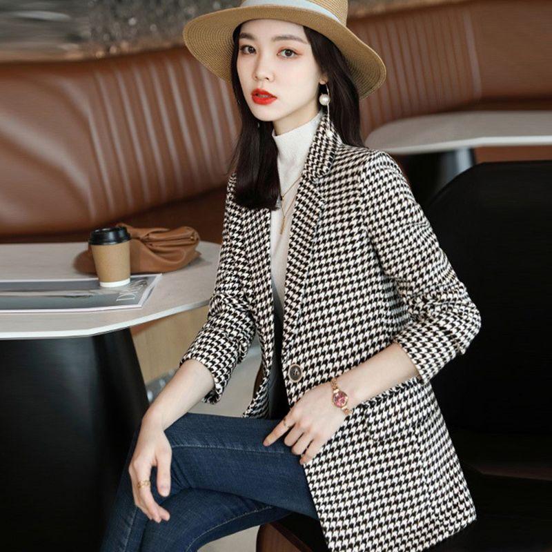 

Осеннее новое повседневное пальто-костюм в гусиную лапку с длинным рукавом Houndstooth Suit 3XL