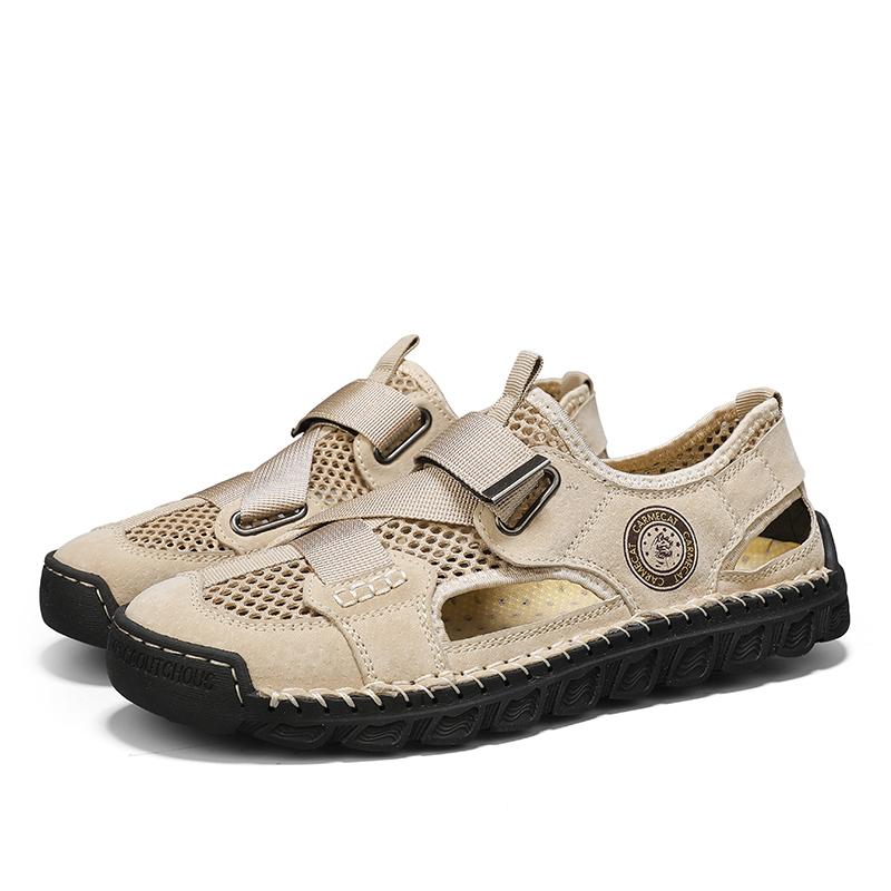 Fashion Sandals Men's Tide Summer New Style Leather Toe Cap Outdoor Leisure Sports Hollow Sandals Beach Shoes Handmade Mesh Men Shoes