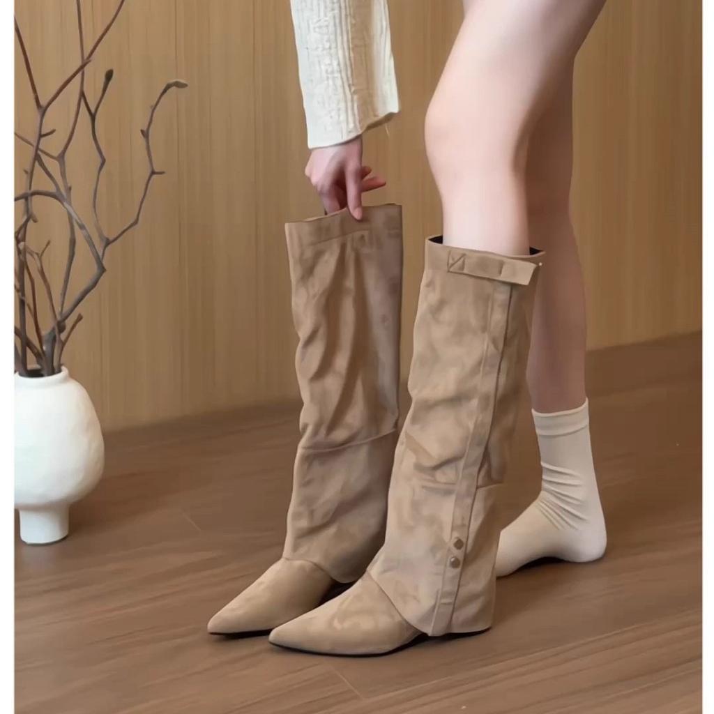 Genuine leather! Pointed wedge trouser boots women's 2025 suede retro tall knight boots slim western boots long boots