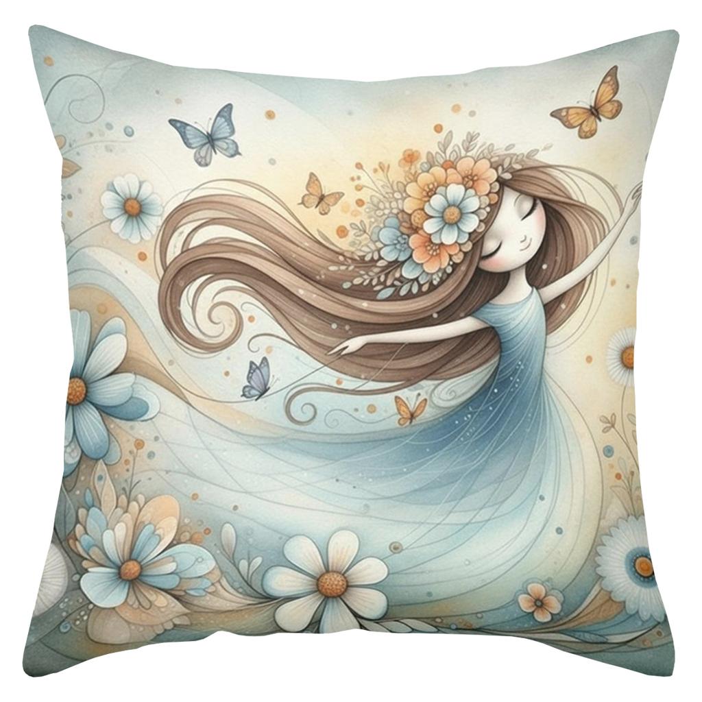 2D flat printing Girls with Flowers Design Decorative Throw Pillows Polyester pillowcase, sofa decorative cushion cov