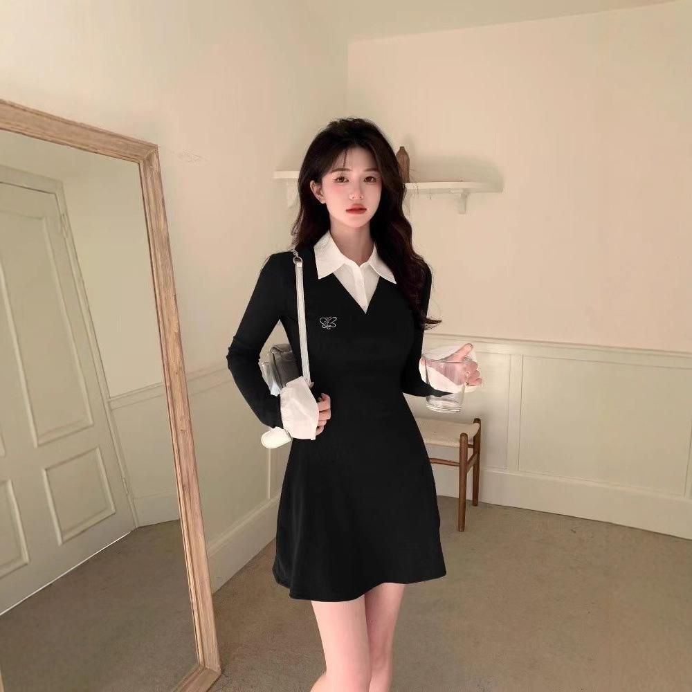 Fake Two-piece Gray POLO Collar Dress, Children's Autumn and Winter New Temperament, Spice Girl Bottoming, Hip-wrapped Skirt Inside