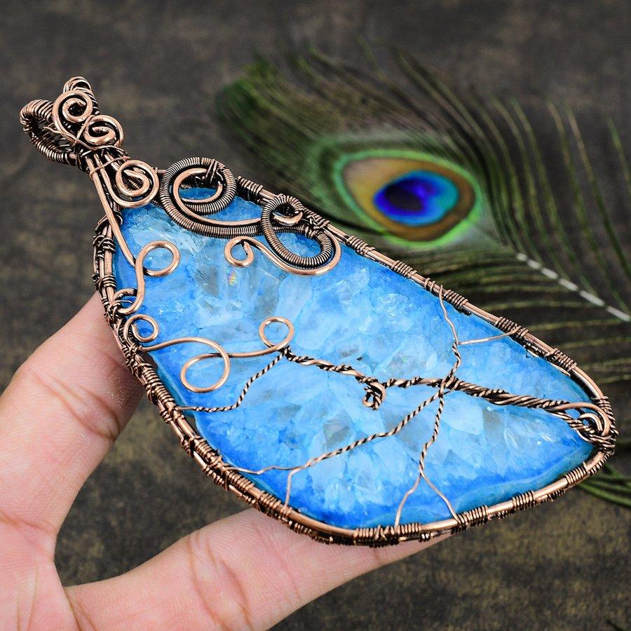 Natural Aqua Solar Druzy Gemstone Handmade Copper Wire Wrap Pendant 5.12 I2D76
