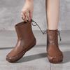 Johnature Handmade Sewing Genuine Leather Women's Boots Retro Warm Plush Flat Mid-calf Boots