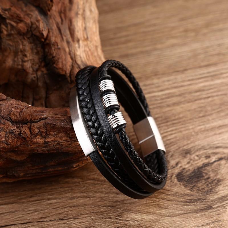 Multi-Layer Braided Leather Bracelet With Stainless Steel Magnetic Clasp Men Geometric Style Fashion Accessory