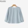 ZANZEA Women Casual O-neck 3/4 Sleeve Loose Pleated Blouse