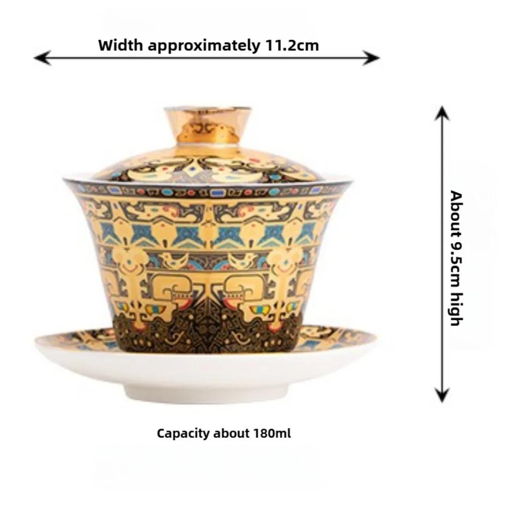 Large gilt covered bowl Chinese style enamel colored ceramic Sancai tea bowl Retro gilt silver palace style tea set