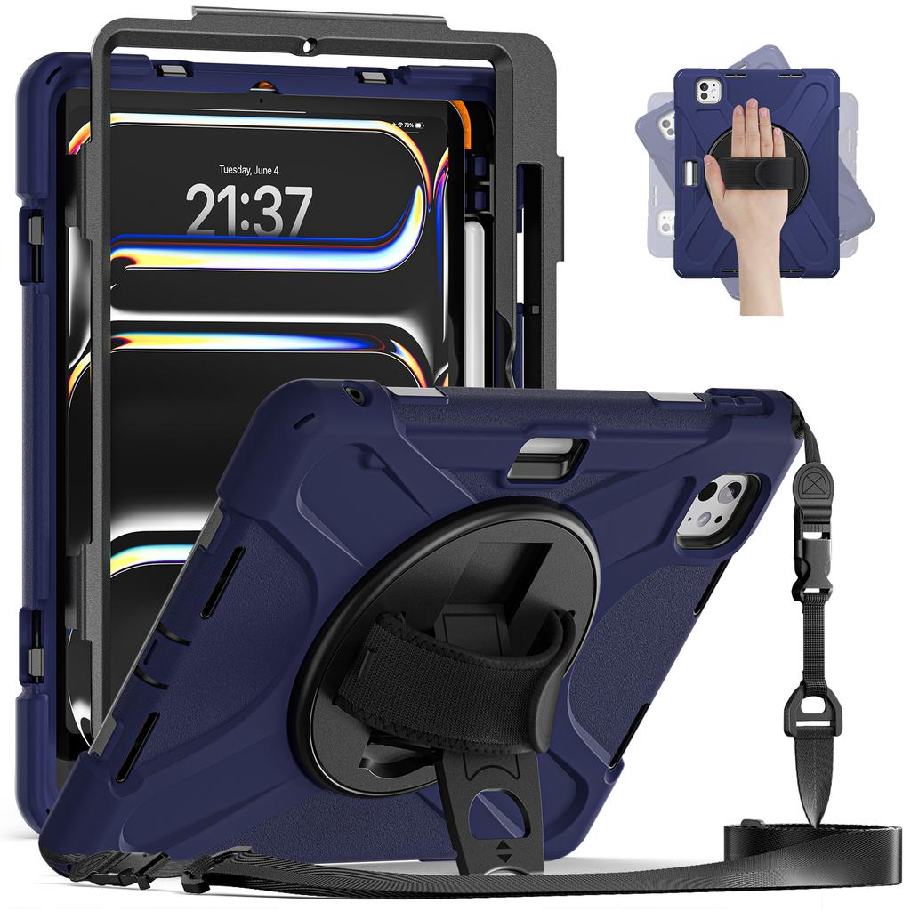 For iPad Pro 11 (2025)/11 (2024) Case PC+Silicone Kickstand Tablet Cover with Hand Strap and Shoulder Strap