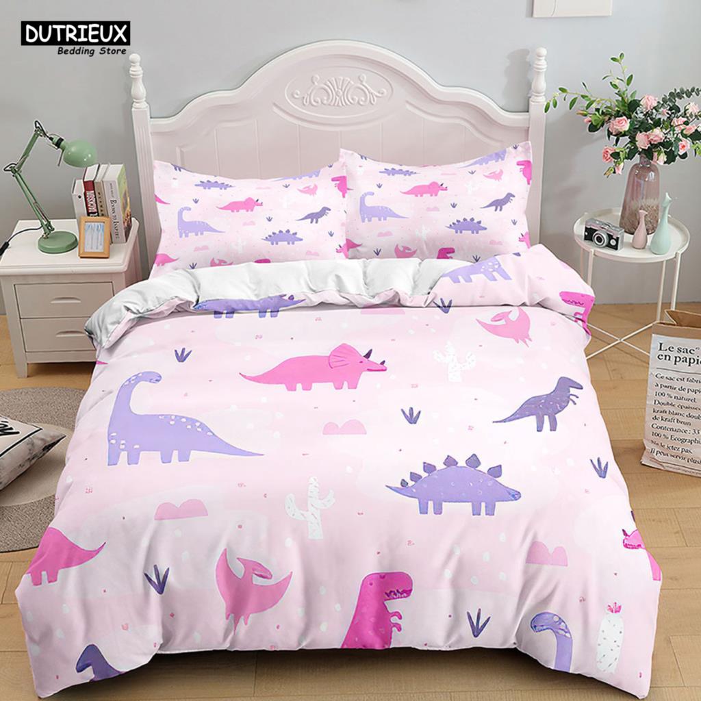 Cartoon Dinosaur Bedding Set White Soft Duvet Cover Animals Kids Boys Single Double Twin Queen King Size Duvet Cover Set